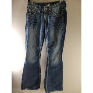 Silver Jeans Eden Flare Sz 27 Dark Wash Distressed Denim Blue Jeans Heavy Stitch